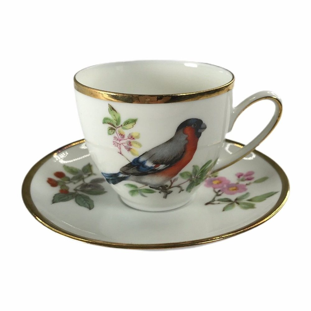 Schmid Germany Small Tea Cup & Saucer Eurasian Bullfinch Bird Flowers Branch